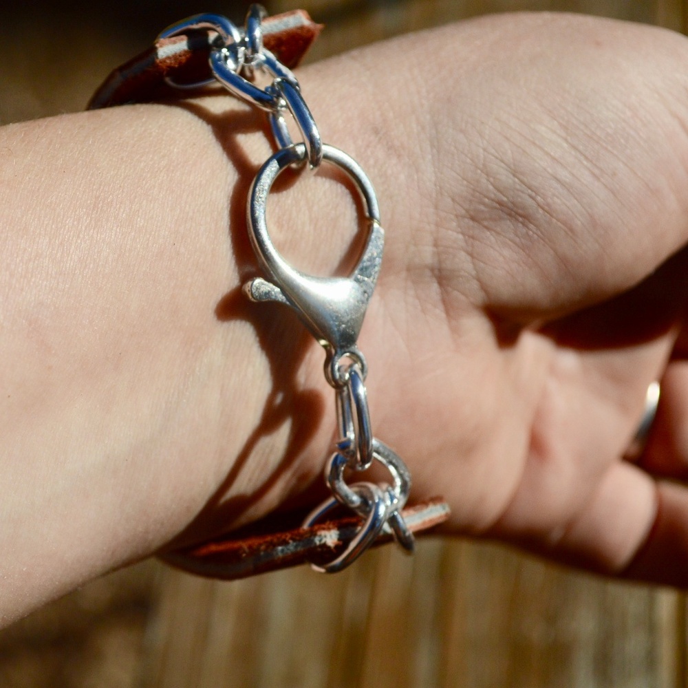 Brown Real Leather Quartz Crystal Cuff Bracelet - Picture 3 of 5